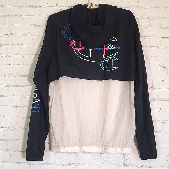 Vintage 90s Champion Spellout Logo Large Print Sleeve Windbreaker Hoodie  Size M - Picture 3 of 16